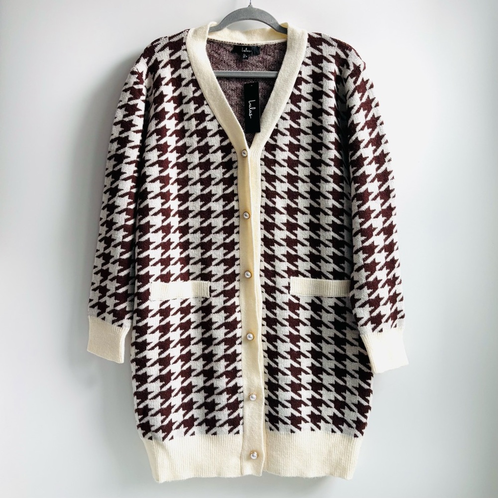 Lulus Truly Iconic Ivory and Brown Houndstooth Cardigan Sweater Dress Size Small